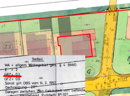 Bebauungsplanausschnitt mit Angabe zur GRZ